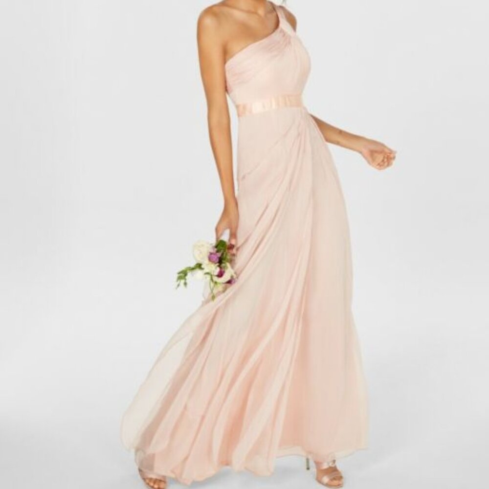 Adrianna Papell Chiffon One-Shoulder Gown Asymmetrical Dress Blush Pink Size 14 - Picture 2 of 16